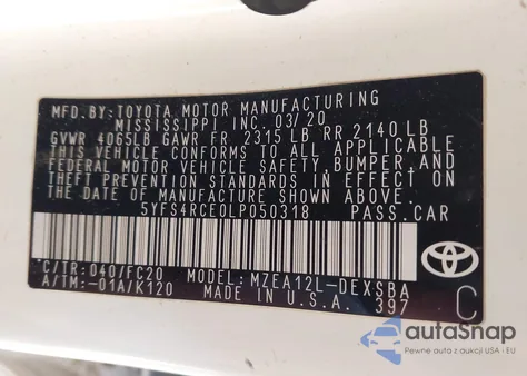 2020 Toyota Corolla Se из США, поврежденный, VIN 5YFS4RCE0LP050318